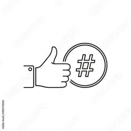 A hand giving a thumbs up next to a magnifying glass with a hashtag symbol.