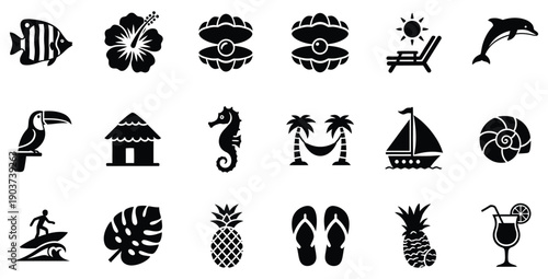 Collection of black silhouette icons representing tropical vacation elements including beach life ocean creatures exotic plants and relaxation activities for summer travel design projects