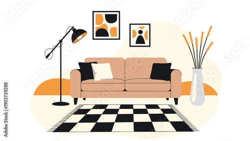 Modern living room interior design features a beige sofa, geometric artwork, a black floor lamp, and a large checkered rug on the floor.