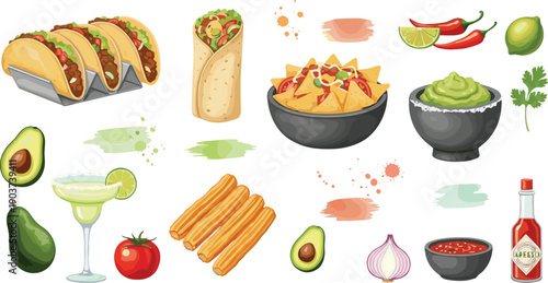 Mexican Cuisine and Street Food Illustration Set with Tacos Burrito Nachos Guacamole Churros Margarita and Traditional Ingredients
