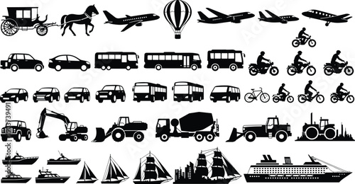 Transportation silhouette icon set featuring cars, buses, trains, planes, ships, bicycles, construction machinery and vehicles for travel, logistics, industry, mobility and urban infrastructure design