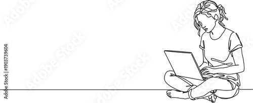 continuous line drawing of young woman sitting on floor using laptop computer, line art vector illustration