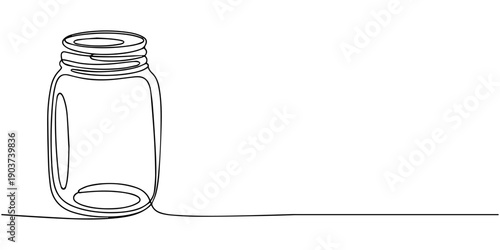 Jar continuous one line drawing, Continuous line drawing of a glass jar with a twisting lid on a simple background. Non editable stroke, continuous one line drawing of a collection of glass jars