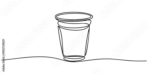 Continuous line drawing of disposable drink cup with straw, Continuous one line drawing of milkshake in takeaway cup in silhouette on a white background. Linear stylized. Minimalist.