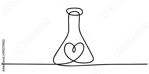 Isolated Scientific Flask with Red Heart Inside continuous one line drawing, Flat vector of a laboratory chemistry flask with liquid and heart shapes inside. Cute pastel science icon perfect