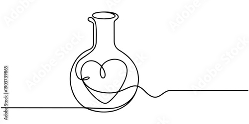Isolated Scientific Flask with Red Heart Inside continuous one line drawing, Beaker Lab round flask with chemical substance inside and Bubbles for logo design illustration in a heart shape love icon