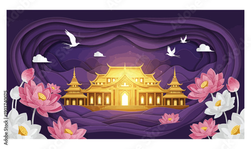 Happy Vesak Day Golden Temple and Lotus Illustration