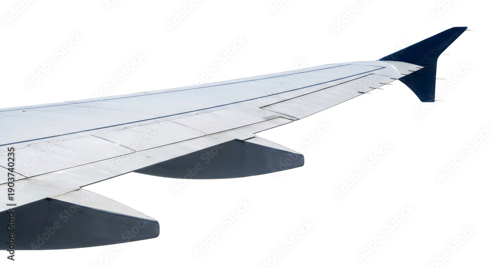 Obraz premium Commercial Airplane Wingtip and Flap Detail With Dark Blue Vertical Stabilizer isolated on transparent background