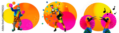 A vibrant illustration of a clown and peacocks celebrating music and joy with colorful balloons and confetti