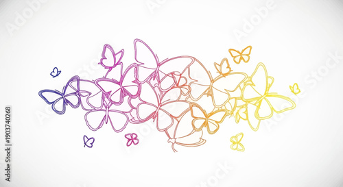 Vibrant butterfly swarm drawing with colorful gradient outlines on a clean white canvas