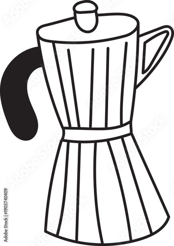 A simple black and white line art illustration of a stovetop Moka pot coffee maker, featuring a hand-drawn doodle style.