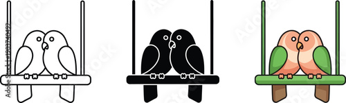 Two lovebirds perched on a swing representing romance and companionship in a simple clean vector illustration style