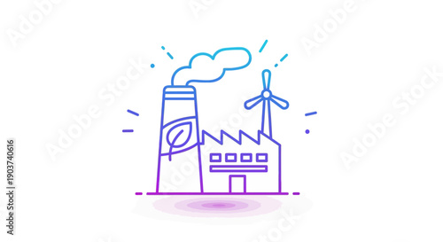 Vibrant Gradient Line Icon of Green Industry Sustainable Factory with Renewable Wind Energy