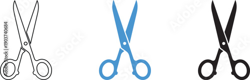 Three pairs of colorful scissors in black blue and gray on white background