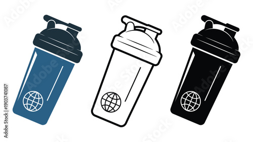 Versatile shaker bottle design displaying fitness drink containers in blue, black, and outline styles, workout and nutrition concept.