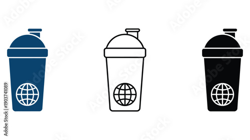 Versatile shaker bottle design displaying fitness drink containers in blue, black, and outline styles, workout and nutrition concept.