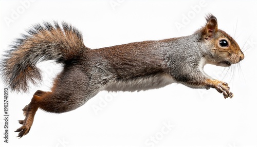 jumping grey brown squirrel isolated on a white background as transparent