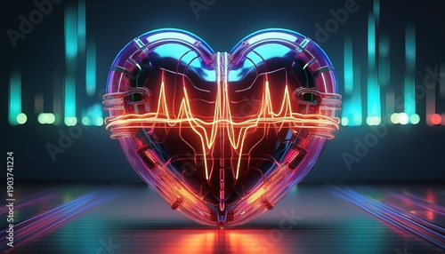 futuristic heart sculpture with neon heartbeat lines