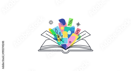 Colorful abstract shapes and ideas burst forth from an open book representing knowledge creativity