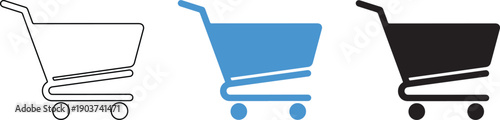 Three shopping carts in different colors on a white background for ecommerce concepts