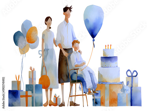 Wallpaper Mural Parents and family celebrate their child’s birthday watercolor. AI generated Torontodigital.ca