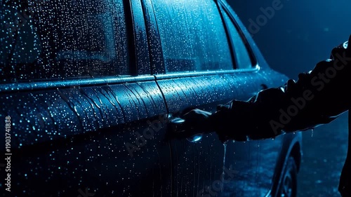 Person opening car door in rain