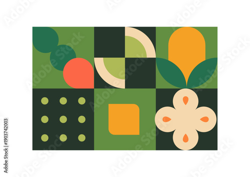 Modern collage in cubism style with flowers and vegetables. Leaves, plants and fruit are in green square frames. Pattern of nature with abstract geometric shapes and figures. Flat vector illustration