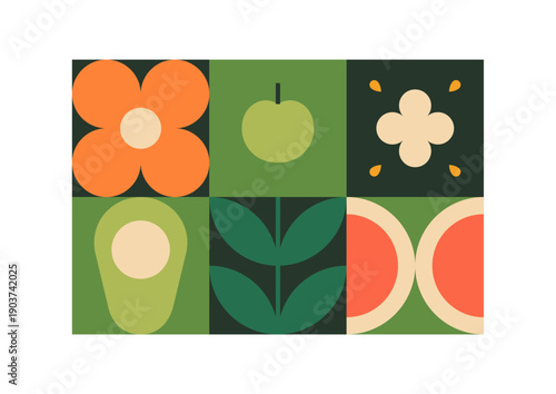 Abstract patterns of fruit and flowers in square frames. Modern collage with nature in cubism style. Green plants, leaves and stems with geometric shapes and figures. Flat vector illustration