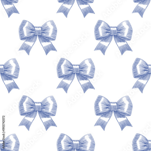 Seamless pattern drawn violet blue gift bow coquette, silk ribbon drawings. Bowknot elements background vector. Print fabric wrapping wallpaper greeting cards. Hand drawn illustration bowtie abstract