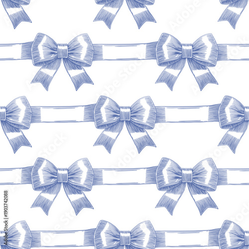 Seamless pattern drawn violet blue gift bow coquette, silk ribbon drawings. Bowknot elements background vector. Hand drawn illustration bowtie striped. Print fabric wrapping wallpaper greeting cards