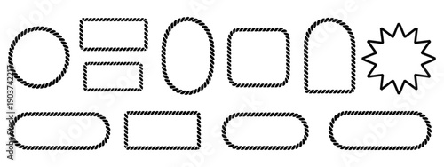 Vector rope frame illustration featuring round, oval, and square geometric borders, isolated on white background for design.