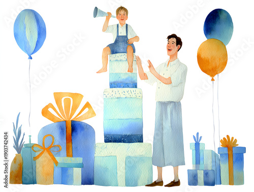 Wallpaper Mural Parents and family celebrate their child’s birthday watercolor. AI generated Torontodigital.ca