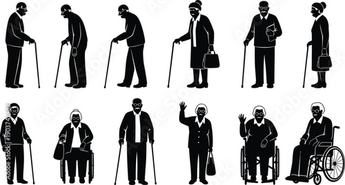 Set of 12 elderly silhouette icons showing diverse poses with canes, wheelchairs, handbags, books, and varied mobility aids