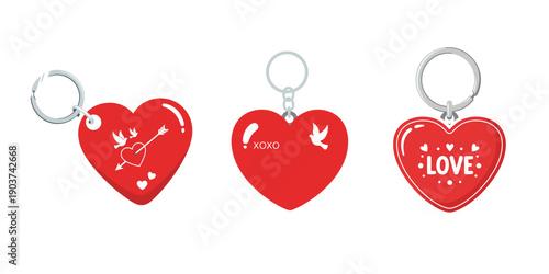 Set of three cute red heart shaped keychains. vector illustration for Valentine's gifts, romance, or accessory designs.