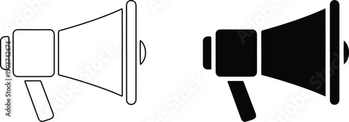 Two different colored megaphone icons one filled and one outlined for communication and announcement purposes online  simple design elements