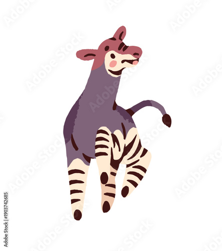 Cute okapi dances, rejoices at winning. Funny anthropomorphic animal celebrates success. Happy exotic character has fun, moves with music at the party. Flat isolated vector illustration on white