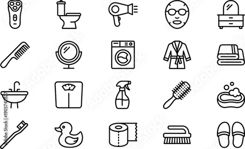 Bathroom hygiene and personal care line icon set with toiletries grooming cleaning accessories flat outline vector illustration home household minimal