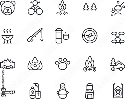 Camping and outdoor adventure line icon set with campfire forest hiking wildlife equipment flat outline vector illustration