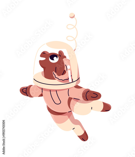 Cute baby lamb in spacesuit travels in galaxy. Funny goatling flies in cosmos. Animal astronaut is in outer space. Spaceman is flying in zero gravity. Flat isolated vector illustration on white