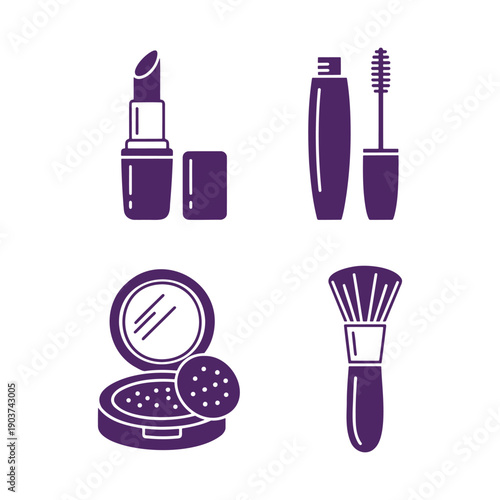 Makeup, Skincare beauty items icon set. Lipstick, mascara, face powder and brush vector illustration.