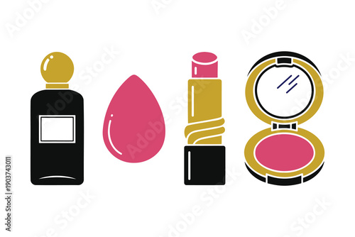 Makeup beauty icon set. perfume bottle, makeup sponge, lipstick, and face powder vector illustration.