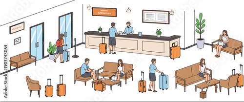 Modern hotel lobby interior with reception desk staff and travelers with suitcases relaxing in lounge furniture for tourism and business travel