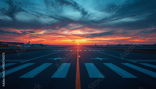 A serene airport runway at sunset with vibrant colors in the sky