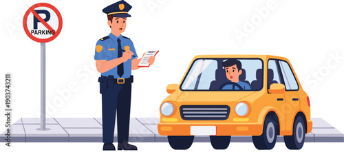 Police officer writing traffic ticket for illegal parking violation to male driver in yellow car on city street sidewalk