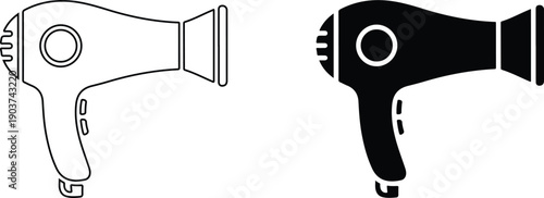 Two hair dryer icons in line and solid styles for graphic design and website use hair styling tools