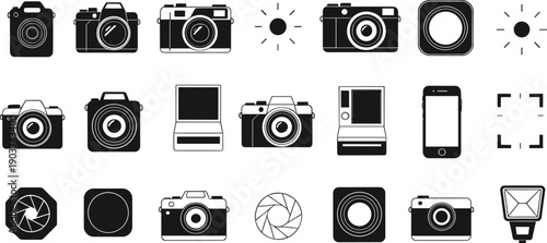 Comprehensive photography icon collection featuring vintage film cameras modern smartphones digital SLR bodies and creative exposure adjustment symbols for social media
