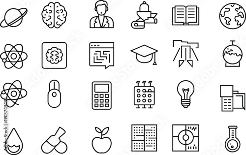 Education and science line icon set with learning research technology academic symbols flat outline vector illustration for school university concepts