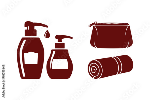 Personal care beauty and spa icon set. liquid soap lotion dispensers, makeup bag, rolled towel and Perfume.