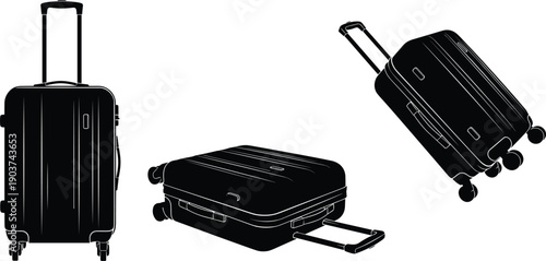 Set of 3 wheeled suitcase silhouette icons showing upright, flat, and rolling positions with extended telescopic handles