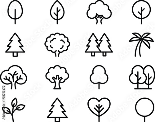 Tree and forest line icon set with nature plants woods flat outline vector illustration collection